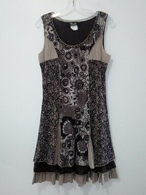 Bali Vintage Brown Taupe Layered Ruffled Sleeveless Dress